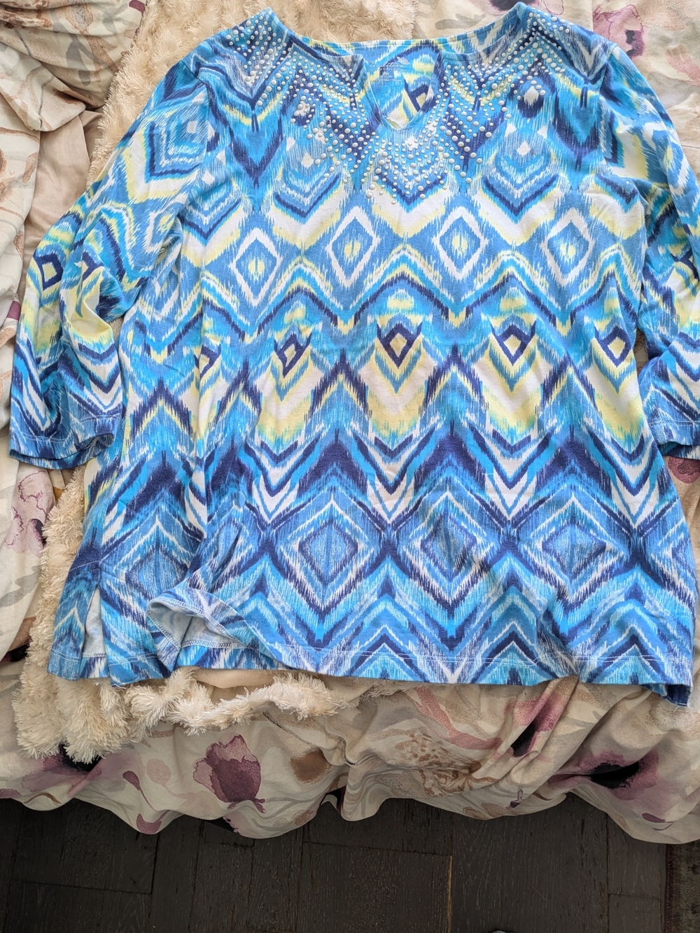 Traditions Country ColleGeometric Print Women's Blouse with Embellished Neckline